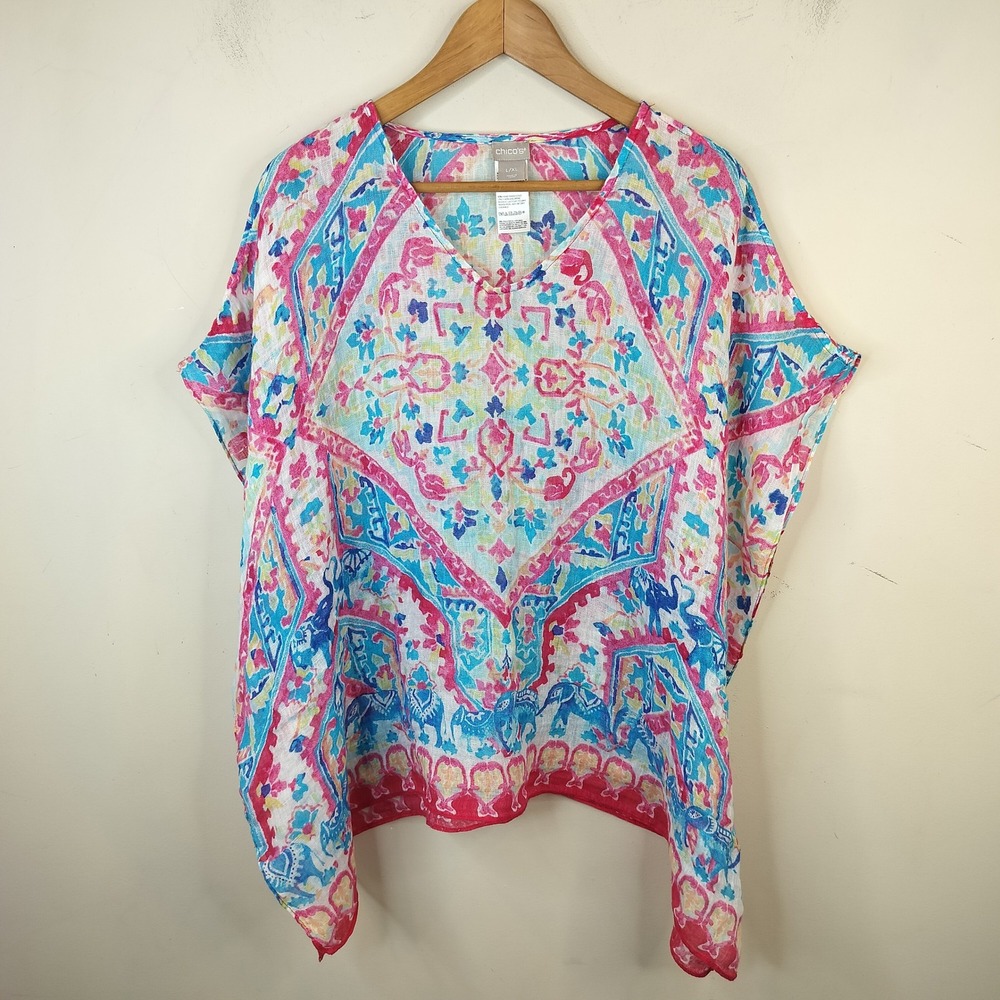 Chicos Linen Poncho Top L/XL Floral Geometric Pink Blue Boho Lightweight Blouse